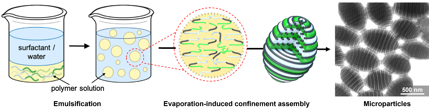 preparation protocol for evaporation induced confinement assembly involving emulsification, solvent evaporation and final microparticles of block copolymers